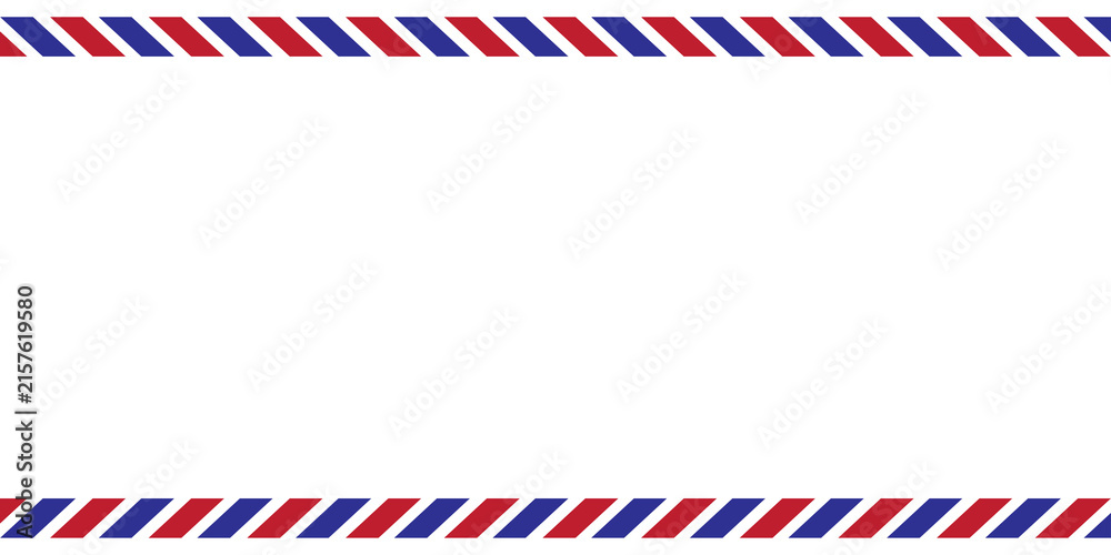 Fototapeta premium Airmail envelope frame with blue and red stripes on white background. International vintage letter border. Retro air mail postcard. Blank envelope.