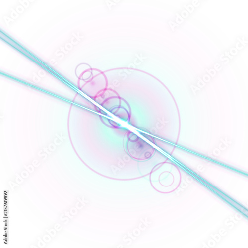 Surreal abstract circular composition with intersecting light beams and floating rings, gradient of bright pink, cyan, and blue on black, ethereal digital modern and mysterious