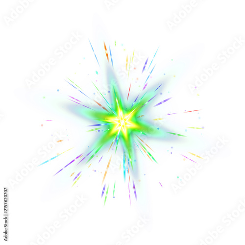 Vibrant abstract starburst explosion with glowing neon blue and green gradients, radiating energy and colorful speckles against a stark black background, digital and