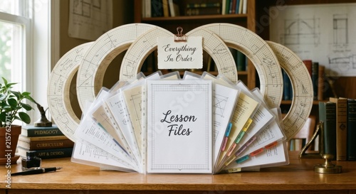 Lesson Files Organized Elegantly with Circular Frames and Educational Materials