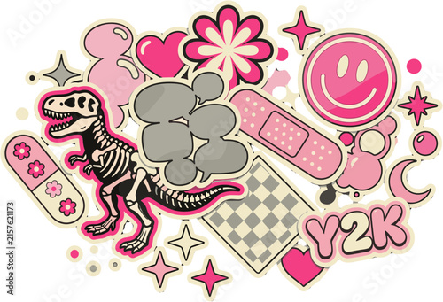 Retro Y2K Aesthetic Sticker Collage with Pink Dinosaur Skeleton and Smiley Face.