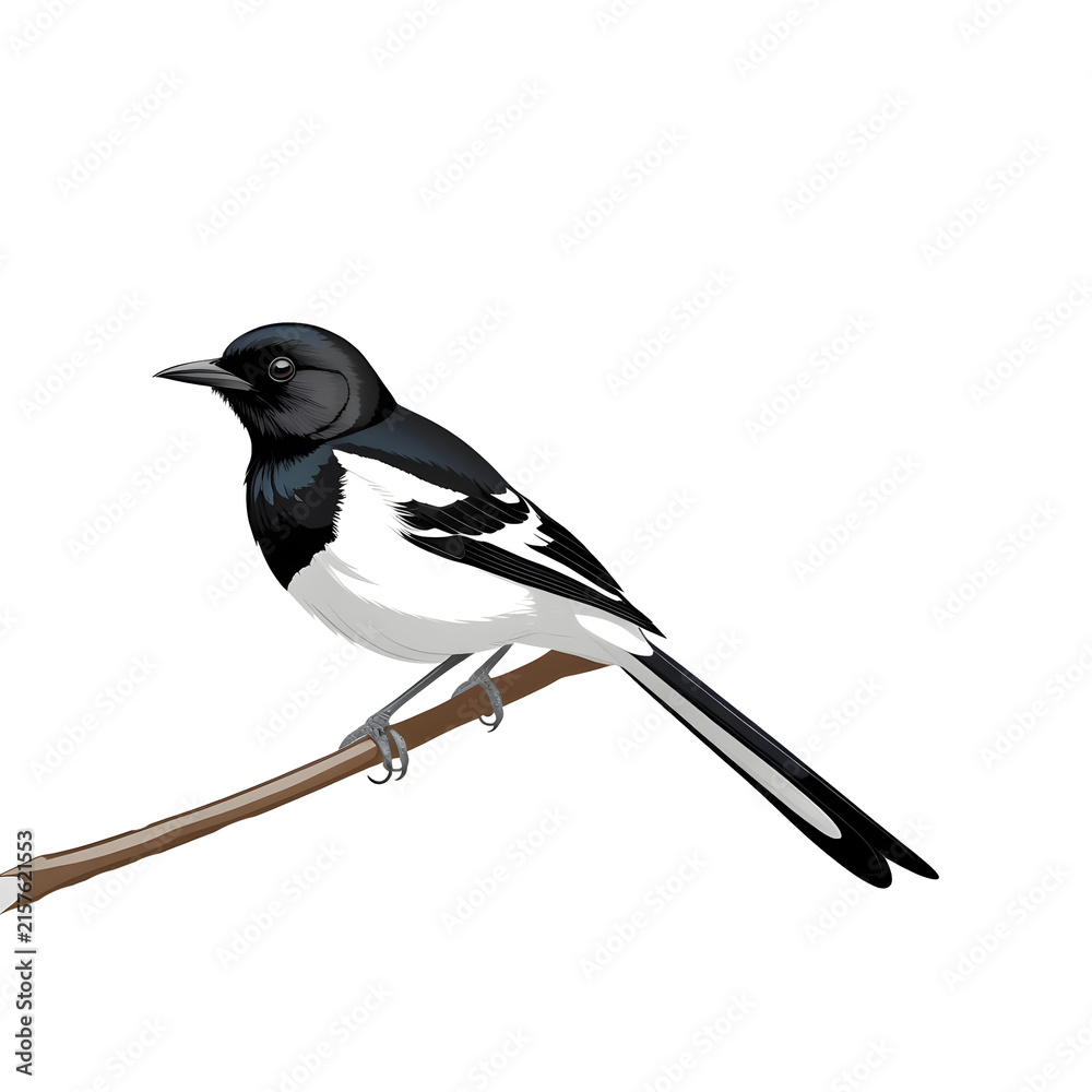 Fototapeta premium Oriental Magpie Robin Bird Sitting on Tree Branch Black and White Vector Illustration Isolated PNG