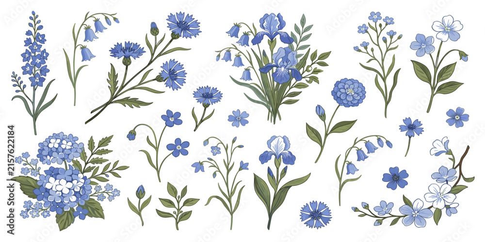 Fototapeta premium Blue garden flowers collection vector elements featuring cornflower hydrangea iris and forgetmenot blooming bouquets