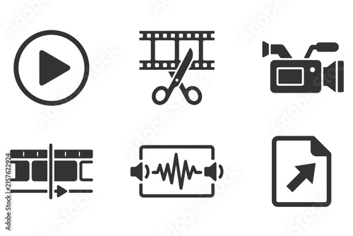 Фотография Film production icons display fundamental video tools including camera, timeline cutter, player, and export file symbols