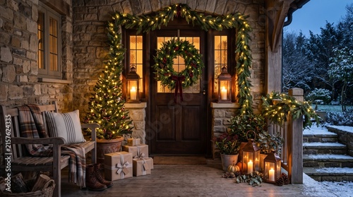 Cozy Christmas porch with festive wreath and glowing lights. Rustic stone house entrance decorated for winter holidays. Warm outdoor holiday decor.