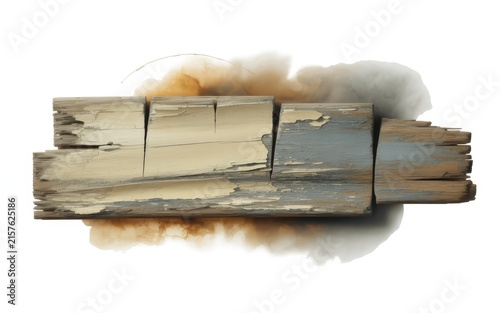 Segmented wooden plank with peeling aged paint surrounded by soft hazy watercolor for artistic background.
