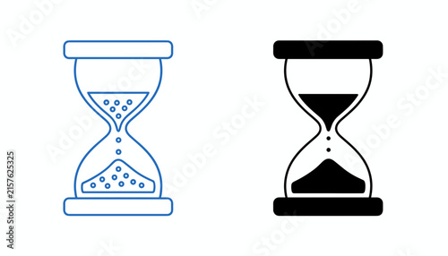 Two stylized hourglass icons side by side showing time passing in both minimalist line art and solid black formats.
