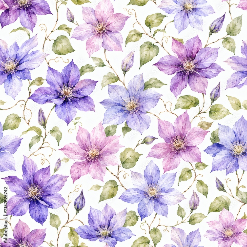 Fototapeta premium Seamless watercolor floral pattern with purple and pink flowers
