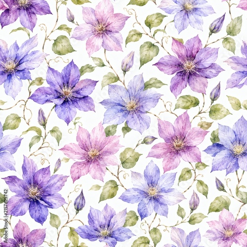 Seamless watercolor floral pattern with purple and pink flowers