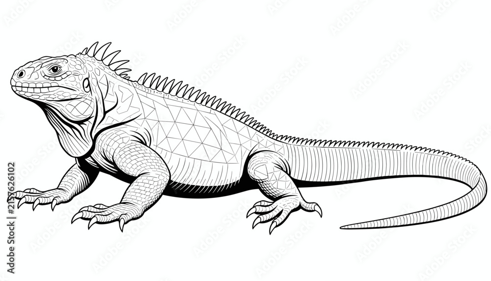 Fototapeta premium Highly detailed black and white engraving style illustration of a large iguana lizard on a pure white background.