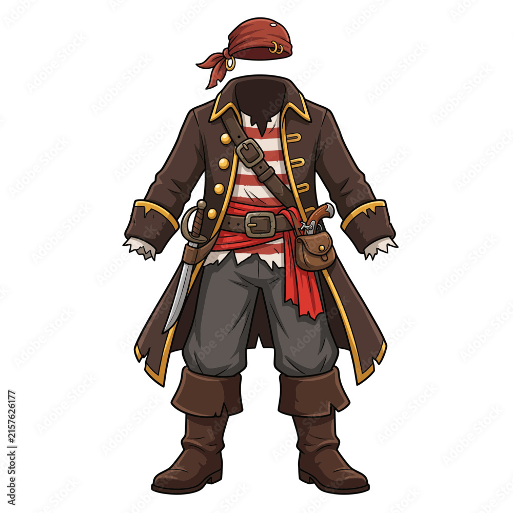 Obraz premium Detailed Pirate Captain Costume Set Featuring Classic Brown Coat Striped Shirt and Red Headband Illustration