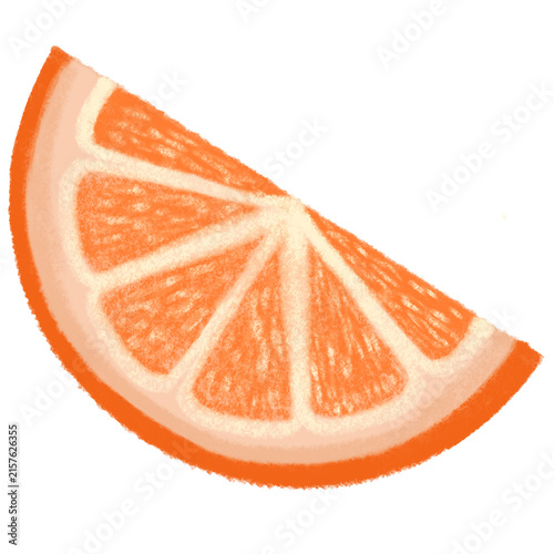 A hand-drawn digital illustration of a juicy orange slice showing detailed pulp segments and a bright peel, set against a transparent background