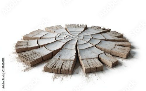 Circular cracked wood structure with radial textures on white background for design backdrop.