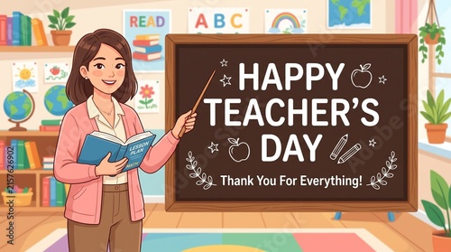 Female teacher standing in front of blackboard with happy teachers day text