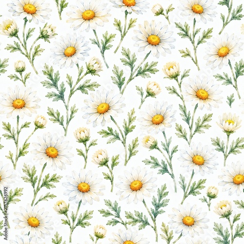 Seamless floral pattern with watercolor daisies and green leaves