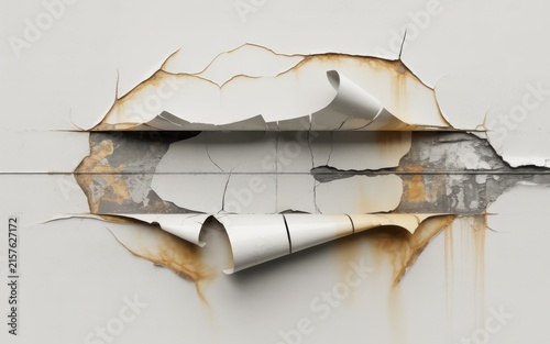 Torn white plaster wall with rusted horizontal slit revealing inner structure.