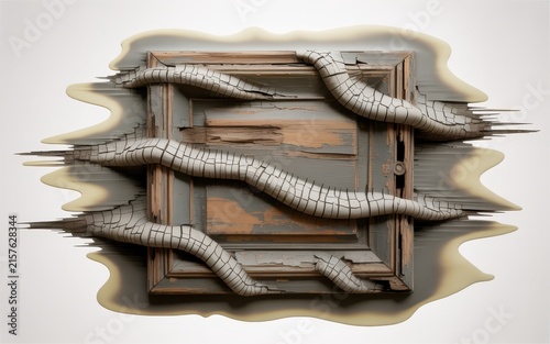 Surreal wooden frame entwined with segmented white tubes against neutral wall for conceptual art and creative branding.