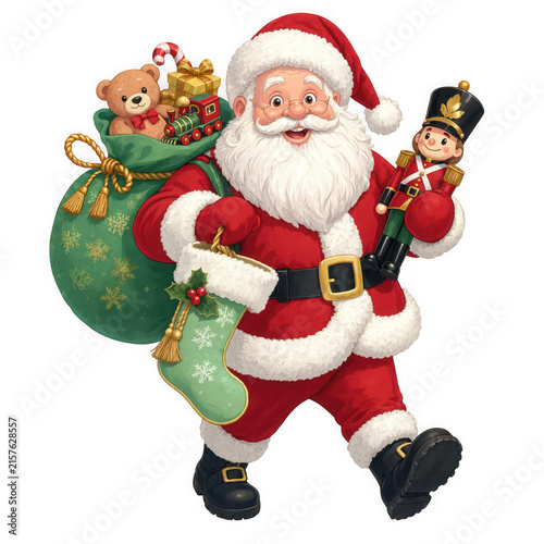 Cheerful santa claus carrying a sack of toys and a nutcracker isolated on transparent background