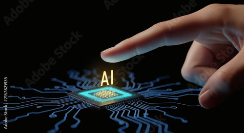 Obraz na płótnie Human finger touching glowing AI artificial intelligence text on a digital microchip processor and circuit board background