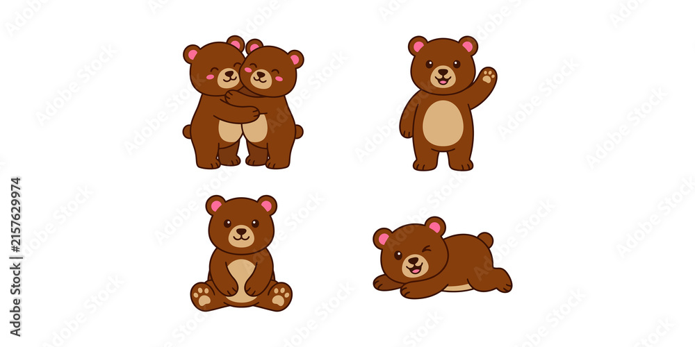 Fototapeta premium Four adorable cartoon brown bears in various poses including hugging, waving, sitting, and winking on transparent background.