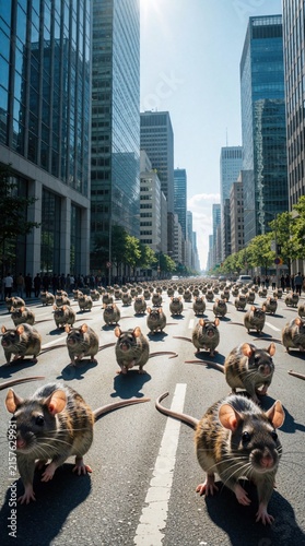 Rats march along city street, overshadowing human activity. Urban dwellings tower above, under bright daylight, suggesting dominance in concrete jungle. Interactive graffiti add vibrancy, urban
