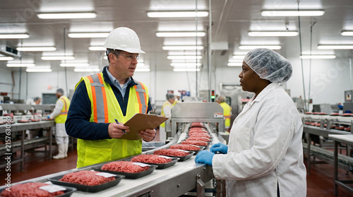 Supervisor talking to worker in food processing facility, reviewing meat production quality and safety procedures during inspection