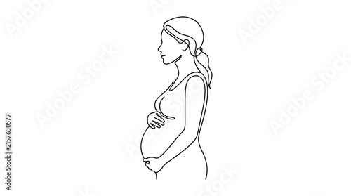 Minimalist line art illustration of a pregnant woman holding her belly in profile view.