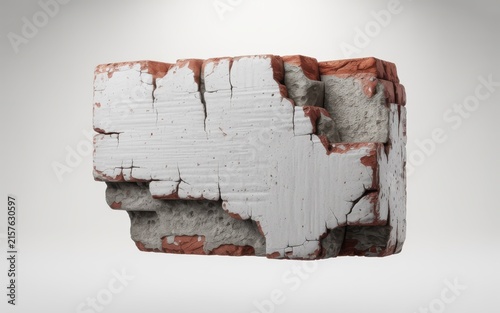 Broken industrial masonry block with thick cracked white paint layers over red ceramic core.