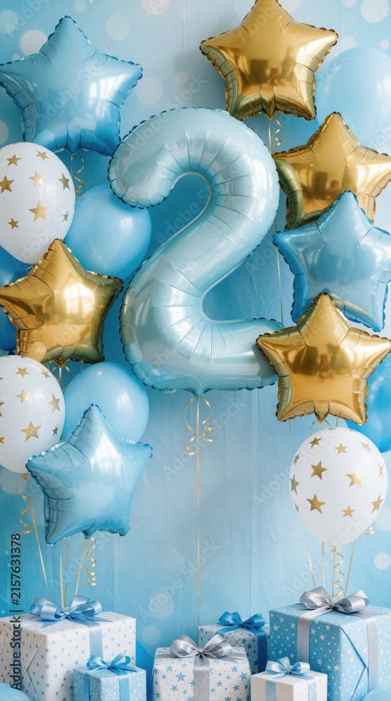 Naklejka premium Second birthday party decoration with blue, gold balloons. Large number two balloon stands among star shaped helium balloons, wrapped gift boxes. Festive blue background with polka dots creates