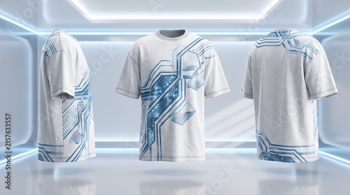 White Futuristic T Shirt with Abstract Digital Graphic Design