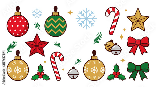 Vector illustration set of Christmas elements including baubles, snowflakes, candy canes, and stars for holiday design projects
