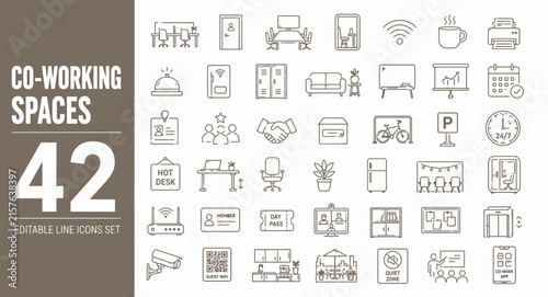Coworking space and modern shared office outline icons collection for business workspace