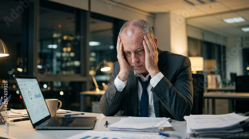 Stressed Businessman Working Late Overwhelmed by Financial Data and Office Work