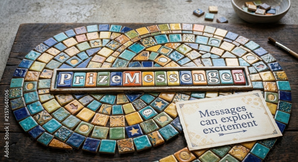 Fototapeta premium Intricate Mosaic Tile Spiral Featuring 'Prize Message' and Decorative Elements
