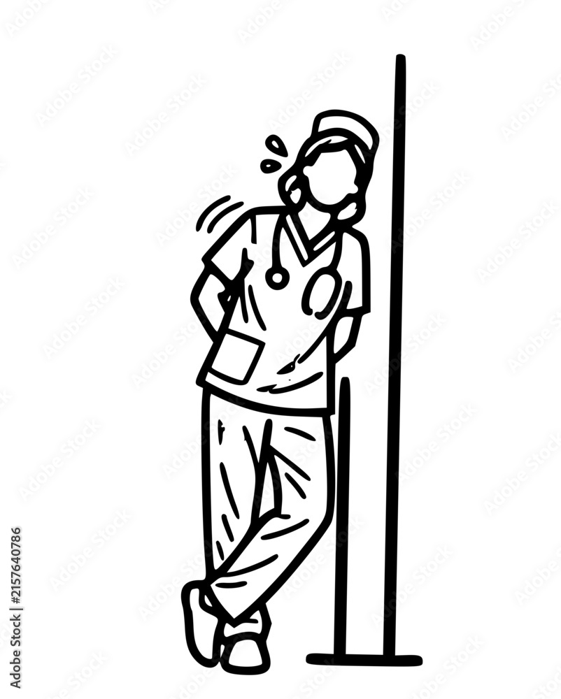 Fototapeta premium Minimalist hand-drawn illustration of a tired healthcare professional in scrubs resting against a vertical surface.