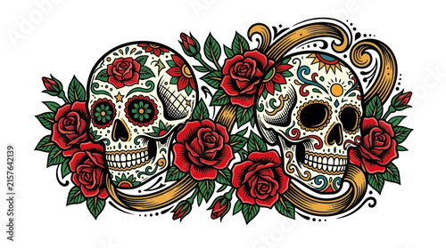 Ornate Skulls with Roses and Decorative Swirls
