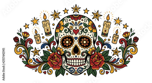 Ornate Sugar Skull with Candles and Flowers