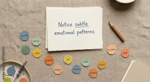 Notice Subtle Emotional Patterns Message on Paper with Mindfulness Labels and Pencil