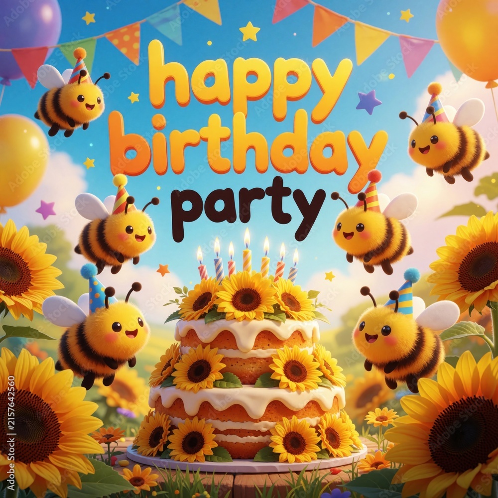 Fototapeta premium Cute bees with party hats celebrate a birthday around a sunflower cake. Balloons and banners suggest a joyful outdoor summer event for kids or a bee-themed party.