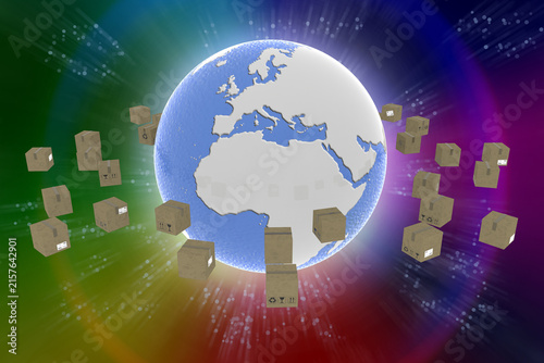 Spedizione intorno al mondo. Pacchi ruotano attorno al globo per essere consegnati.