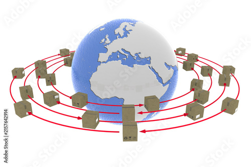 Spedizione intorno al mondo. Pacchi ruotano attorno al globo per essere consegnati.