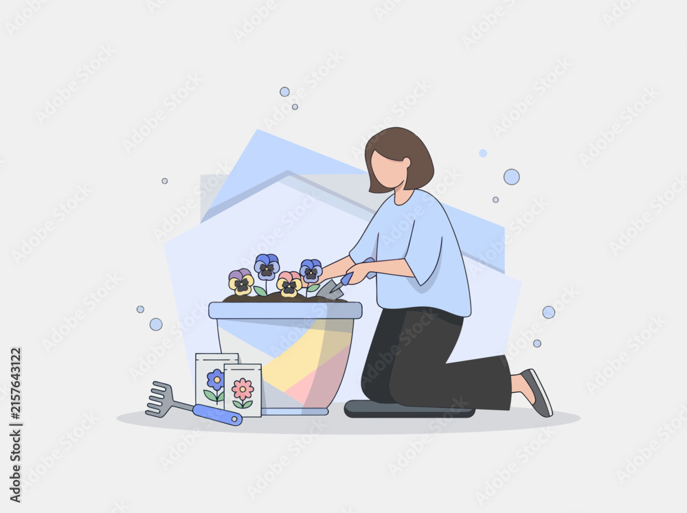 Fototapeta premium Woman planting flowers in a pot with seeds and tools while enjoying hobby gardening outdoors