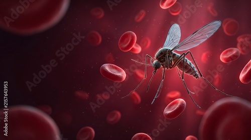 Mosquito insect flying amidst red blood cells with cinematic medical illustration