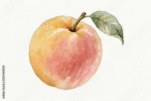 Watercolor illustration of a ripe peach with a single green leaf attached to its stem.
