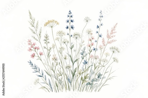 Delicate watercolor wildflower bouquet featuring soft blue, pink, and cream blooms arranged in a natural meadow composition.