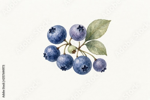 Watercolor illustration of a cluster of blueberries with green leaves on a white background.