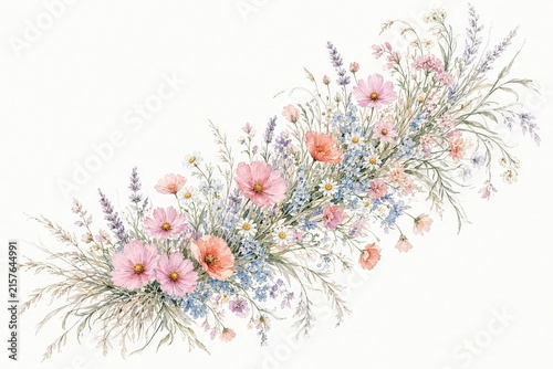 Delicate watercolor floral garland featuring pink poppies, lavender sprigs, daisies, and wild grasses arranged diagonally against a white background.