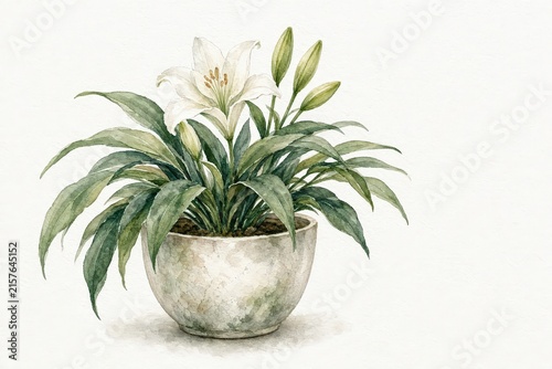 This delicate watercolor painting depicts a white lily in full bloom with several buds and broad green leaves growing from a ceramic pot
