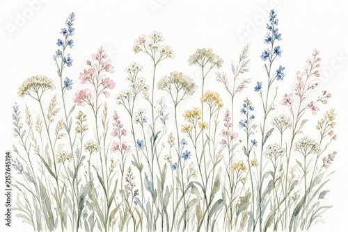 Watercolor illustration of a meadow featuring delicate wildflowers and slender grasses in pastel hues