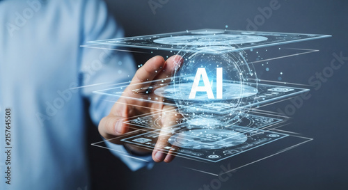 Businessman Interacting with Futuristic Artificial Intelligence Interface and Holographic Data Screen